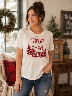 Maurices M I’d Rather Stay In Embroidered Cabin Tee Christmas Cottagecore